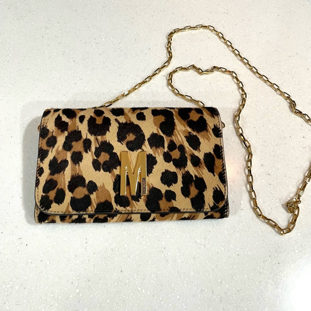 Moschino Leopard Pony Hair Leather M Chain Crossbody Bag